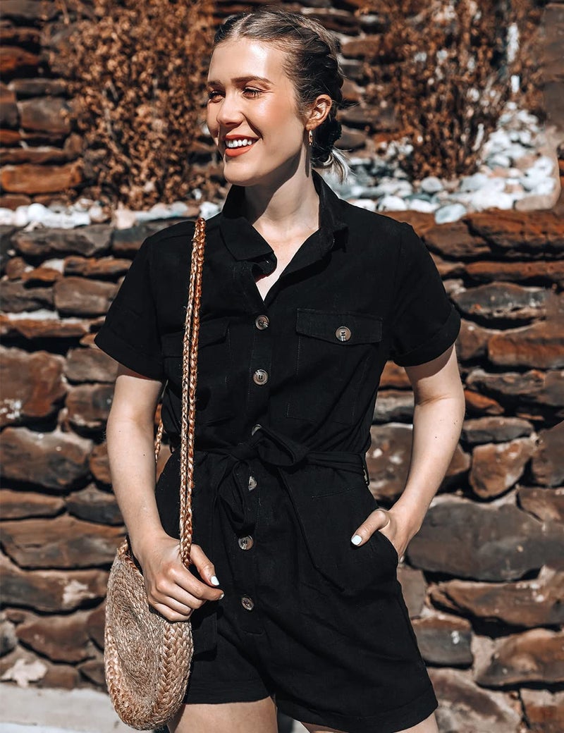 GRAPENT Women's Black Summer Casual Short Sleeves Button Down Pocket Belted Jumpsuits Rompers Size X-Large (Fits US 16-18) - Image 5